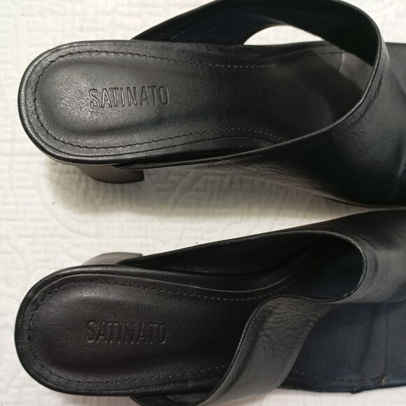 Satinato Sandals Open Black Leather Heeled Toe Slip-On Womens Size 35 EUR 36 - Picture 2 of 9